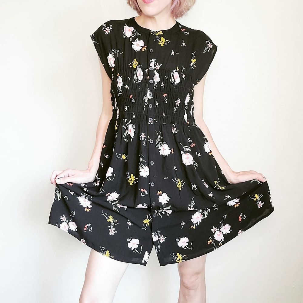 Black floral button down smocked Free People dress
